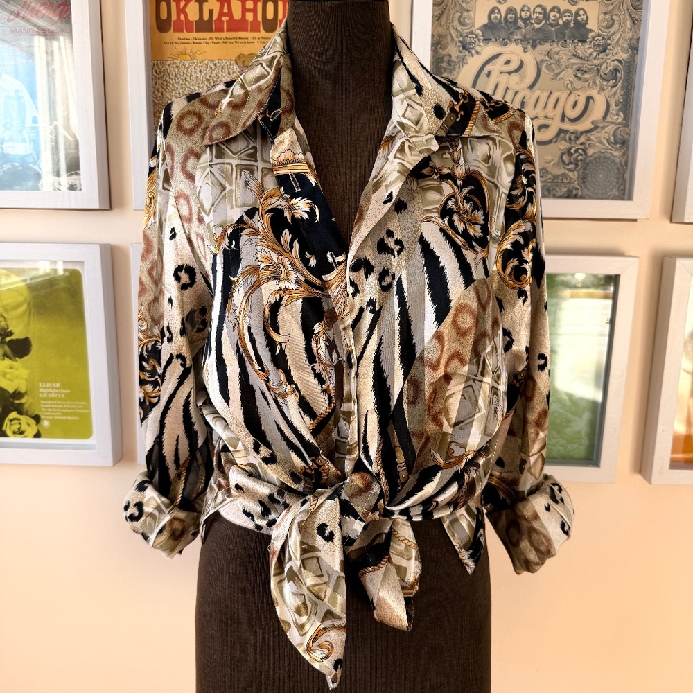 Vintage 80s Oversized Multi Print Pattern Satin Blouse